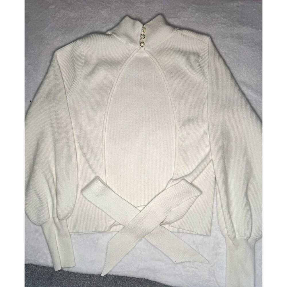 Altar'd State White Ribbed Knit Mock Neck Tie Back Balloon Sleeve L. A028